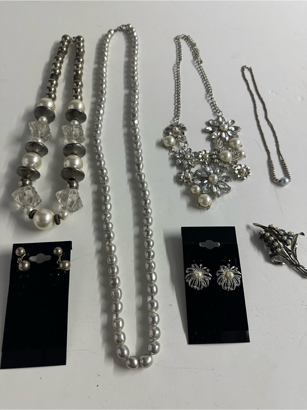 Vintage Silver & Faux Pearl Necklaces, Earrings & Pin Lot